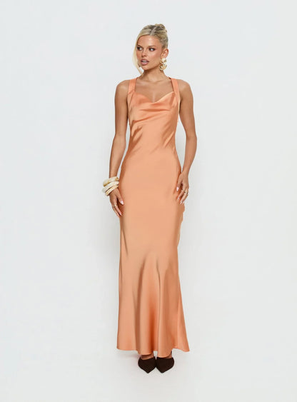 Peach Satin Prom Dress with Cowl Neck and Knot Back Detail for Formal Events and Prom Nights