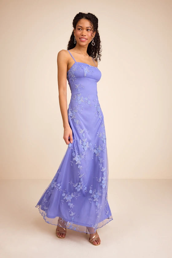 Periwinkle Blue Floral Embroidered Mesh Square Neck Maxi Prom Dress