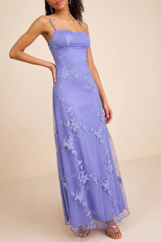Periwinkle Blue Floral Embroidered Mesh Square Neck Maxi Prom Dress