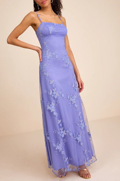 Periwinkle Blue Floral Embroidered Mesh Square Neck Maxi Prom Dress