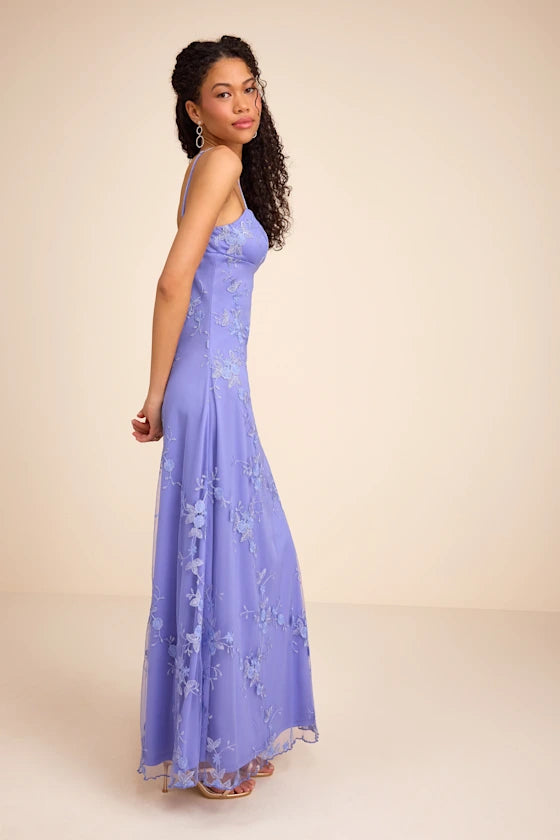 Periwinkle Blue Floral Embroidered Mesh Square Neck Maxi Prom Dress