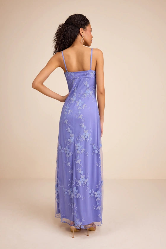 Periwinkle Blue Floral Embroidered Mesh Square Neck Maxi Prom Dress