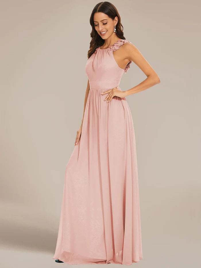Floral Applique Sleeveless Pleated Chiffon Bridesmaid Dress