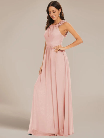 Floral Applique Sleeveless Pleated Chiffon Bridesmaid Dress