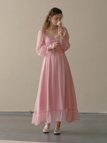 Pink Chiffon Maxi Dresses with Square Neck Ruffled Trim Puff Long Sleeves and Tiered Ruffle Hem
