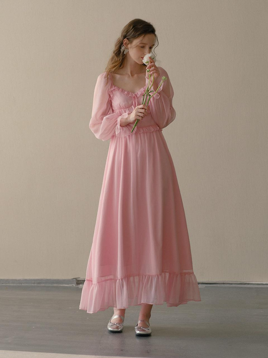 Pink Chiffon Maxi Dresses with Square Neck Ruffled Trim Puff Long Sleeves and Tiered Ruffle Hem