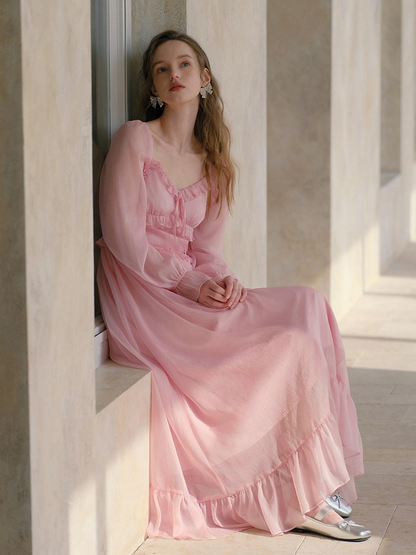 Pink Chiffon Maxi Dresses with Square Neck Ruffled Trim Puff Long Sleeves and Tiered Ruffle Hem