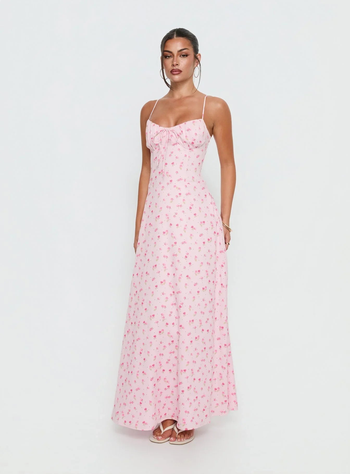 Pink Floral Spaghetti Strap Prom Dress with Corset Back and Bow Front Detail for Formal Events and Prom Nights
