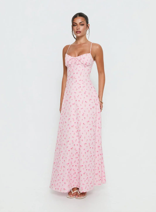 Pink Floral Spaghetti Strap Prom Dress with Corset Back and Bow Front Detail for Formal Events and Prom Nights