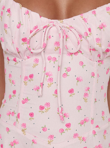 Pink Floral Spaghetti Strap Prom Dress with Corset Back and Bow Front Detail for Formal Events and Prom Nights