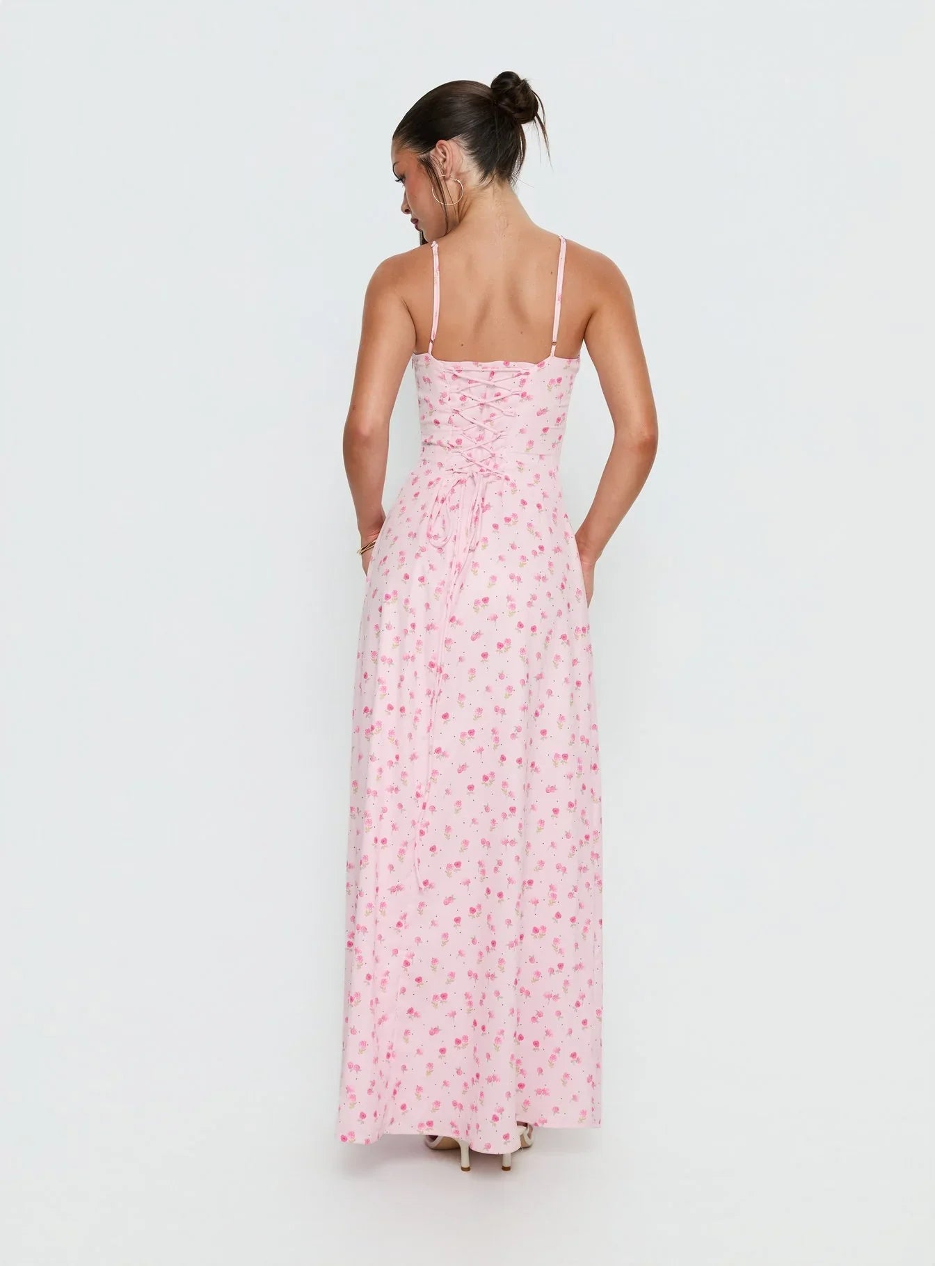 Pink Floral Spaghetti Strap Prom Dress with Corset Back and Bow Front Detail for Formal Events and Prom Nights