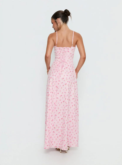 Pink Floral Spaghetti Strap Prom Dress with Corset Back and Bow Front Detail for Formal Events and Prom Nights