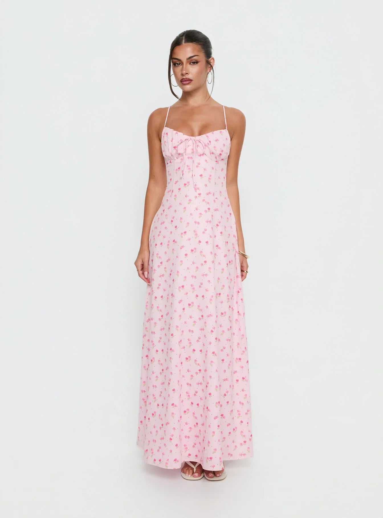 Pink Floral Spaghetti Strap Prom Dress with Corset Back and Bow Front Detail for Formal Events and Prom Nights