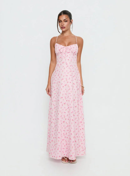 Pink Floral Spaghetti Strap Prom Dress with Corset Back and Bow Front Detail for Formal Events and Prom Nights