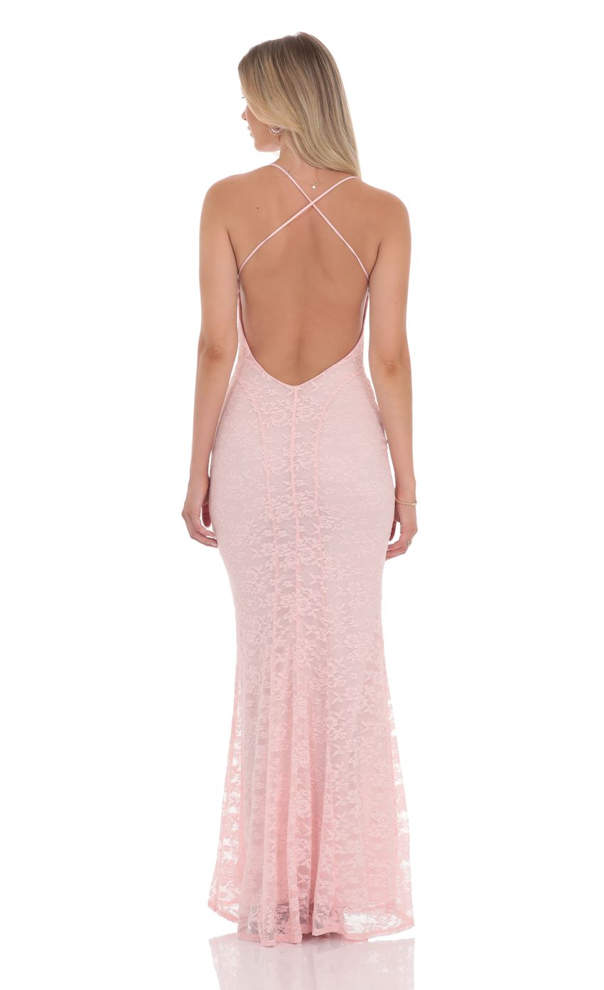 Pink Lace Prom Dress With Spaghetti Straps And Crisscross Backless Mermaid Formal Prom Dress