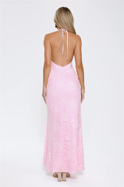 Pink Maxi Evening Dresses with Halter Neck Deep V Cutout Lace Up Back Ruched Waist and High Side Slit