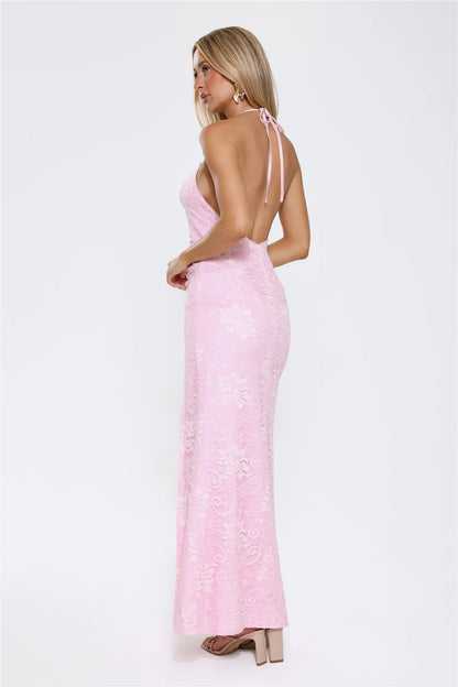 Pink Maxi Evening Dresses with Halter Neck Deep V Cutout Lace Up Back Ruched Waist and High Side Slit