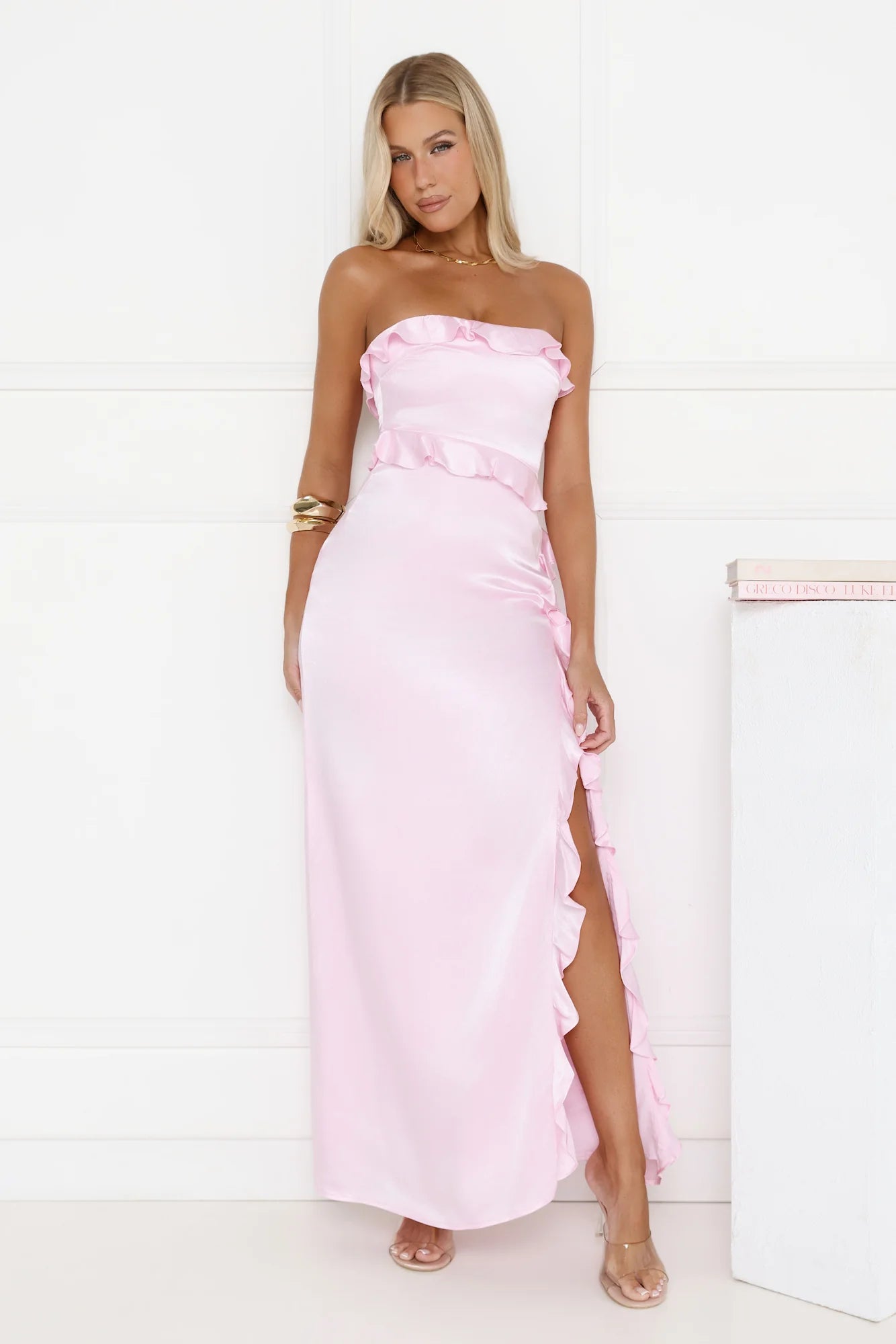 Pink Maxi Evening Dresses with Strapless Ruffle Trim High Side Slit Fitted Satin Fabric