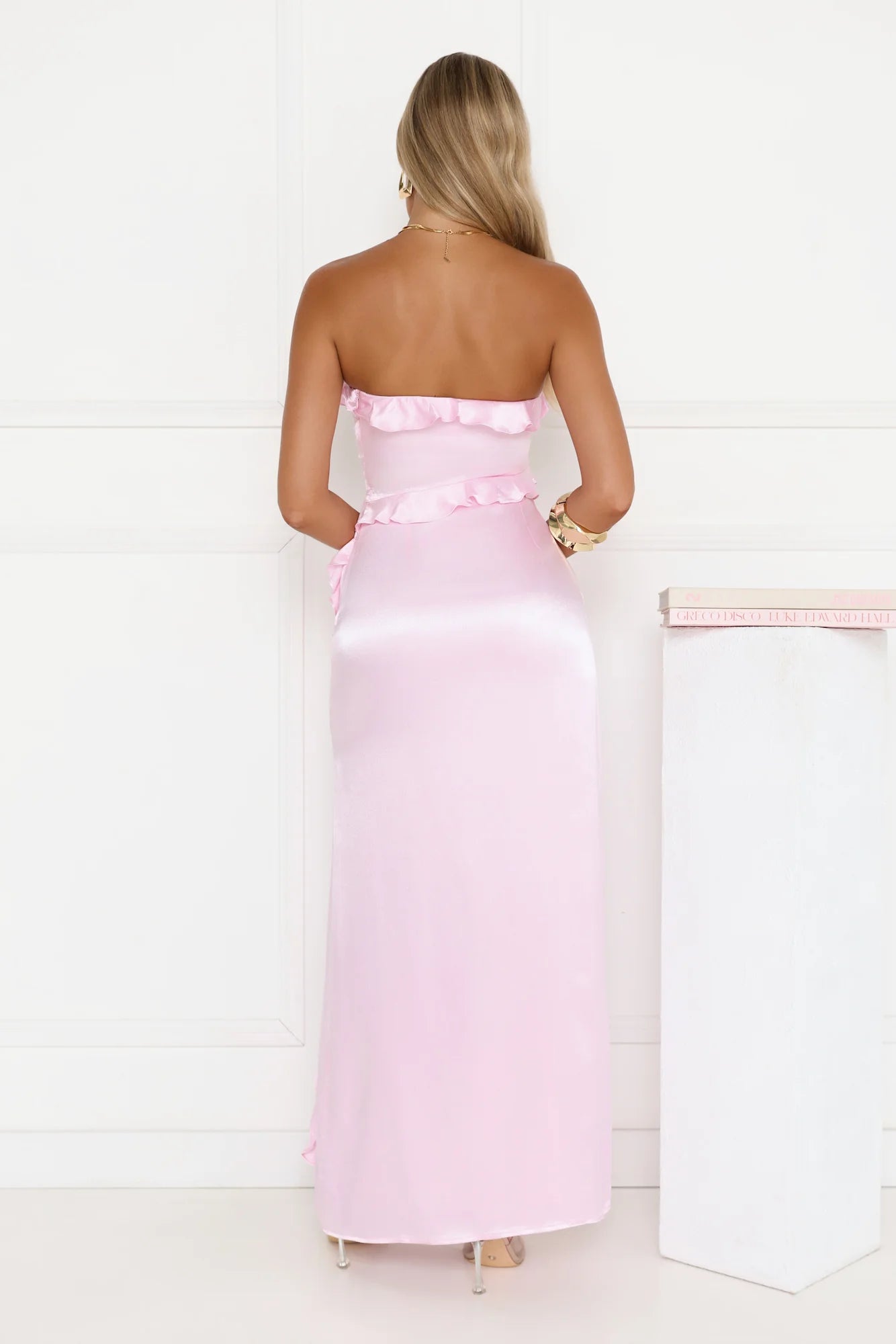Pink Maxi Evening Dresses with Strapless Ruffle Trim High Side Slit Fitted Satin Fabric