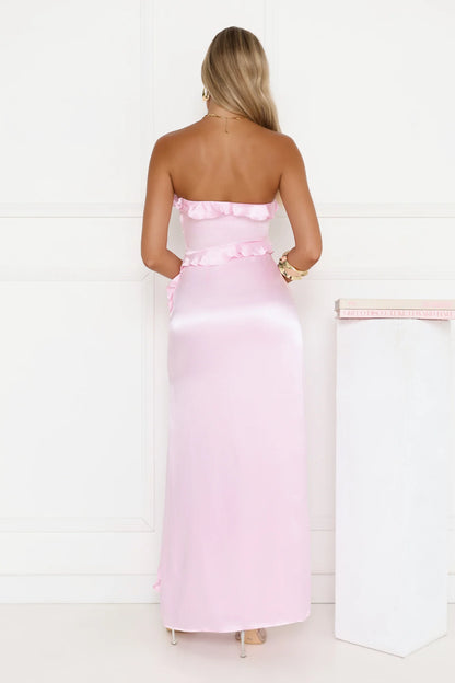 Pink Maxi Evening Dresses with Strapless Ruffle Trim High Side Slit Fitted Satin Fabric