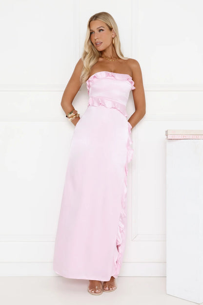 Pink Maxi Evening Dresses with Strapless Ruffle Trim High Side Slit Fitted Satin Fabric