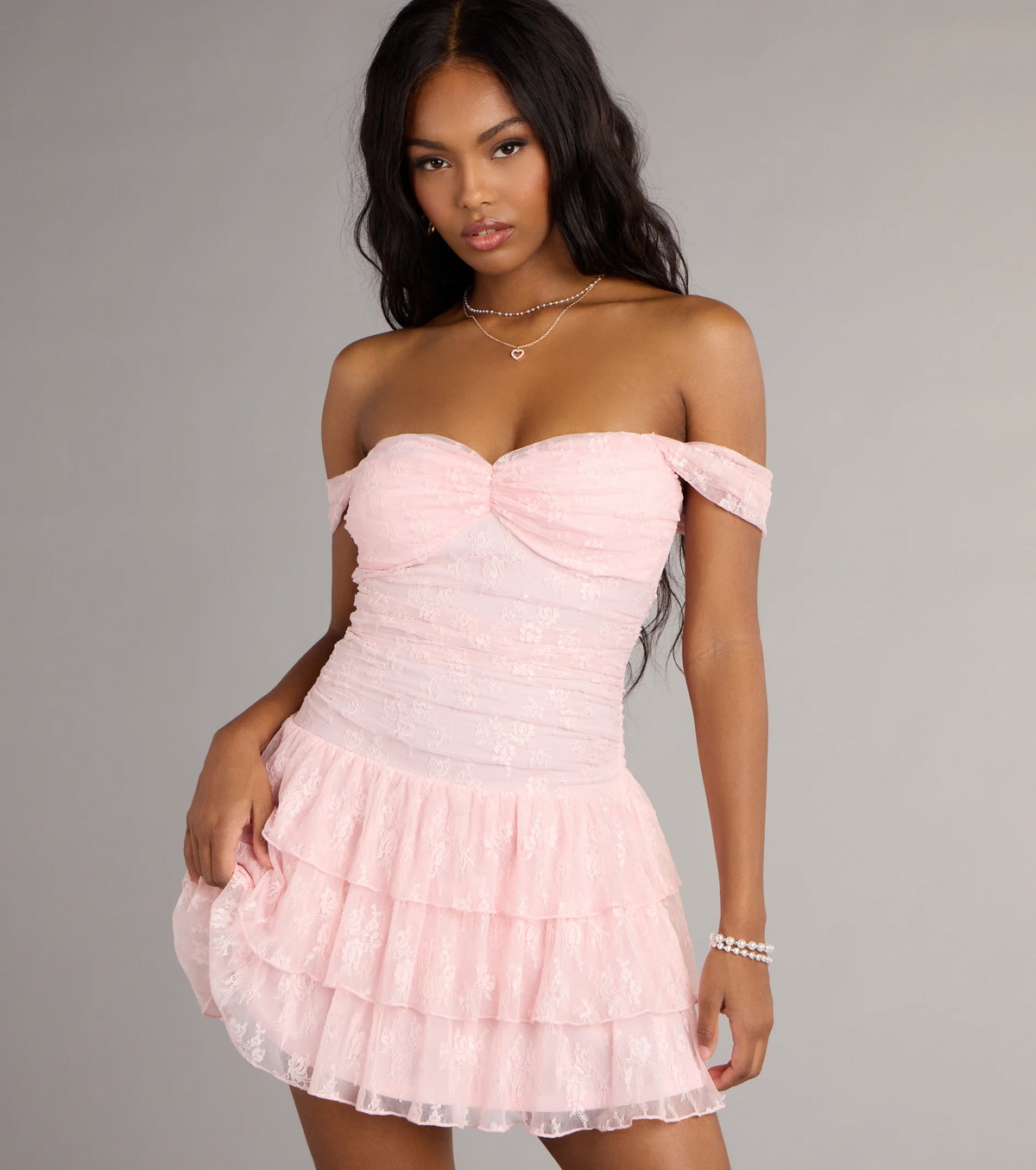 Pink Off Shoulder Lace Ruched Tiered Ruffle Mini Evening Dresses
