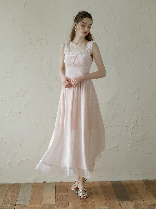 Pink Polka Dot Maxi Dresses with Square Neck Lace Ruffle Trim Thin Straps and Tiered Ruffle Hem
