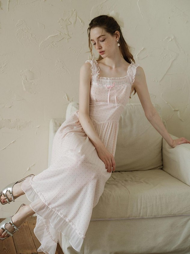 Pink Polka Dot Maxi Dresses with Square Neck Lace Ruffle Trim Thin Straps and Tiered Ruffle Hem