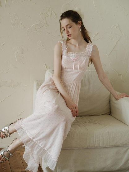Pink Polka Dot Maxi Dresses with Square Neck Lace Ruffle Trim Thin Straps and Tiered Ruffle Hem