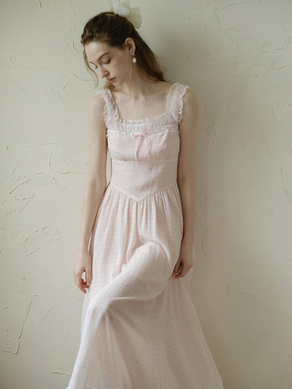 Pink Polka Dot Maxi Dresses with Square Neck Lace Ruffle Trim Thin Straps and Tiered Ruffle Hem