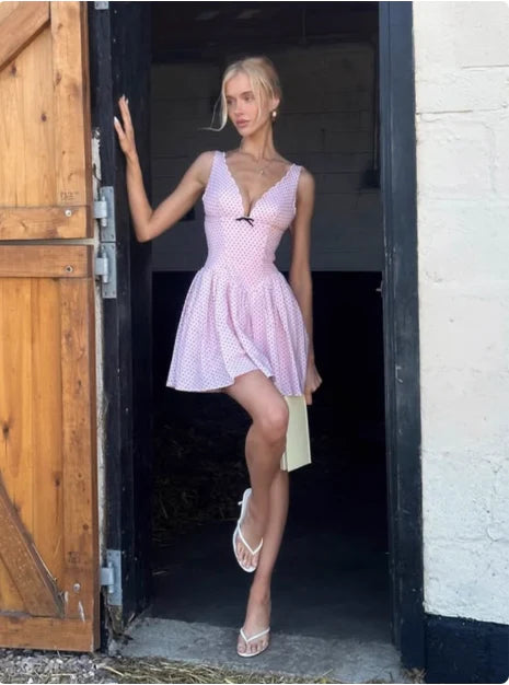 Pink Polka Dot V Neck Homecoming Dress With Flared Skirt And Thin Straps For Formal Evening Party
