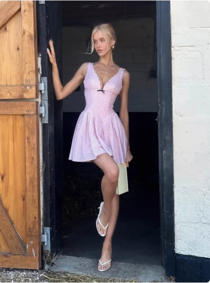 Pink Polka Dot V Neck Homecoming Dress With Flared Skirt And Thin Straps For Formal Evening Party