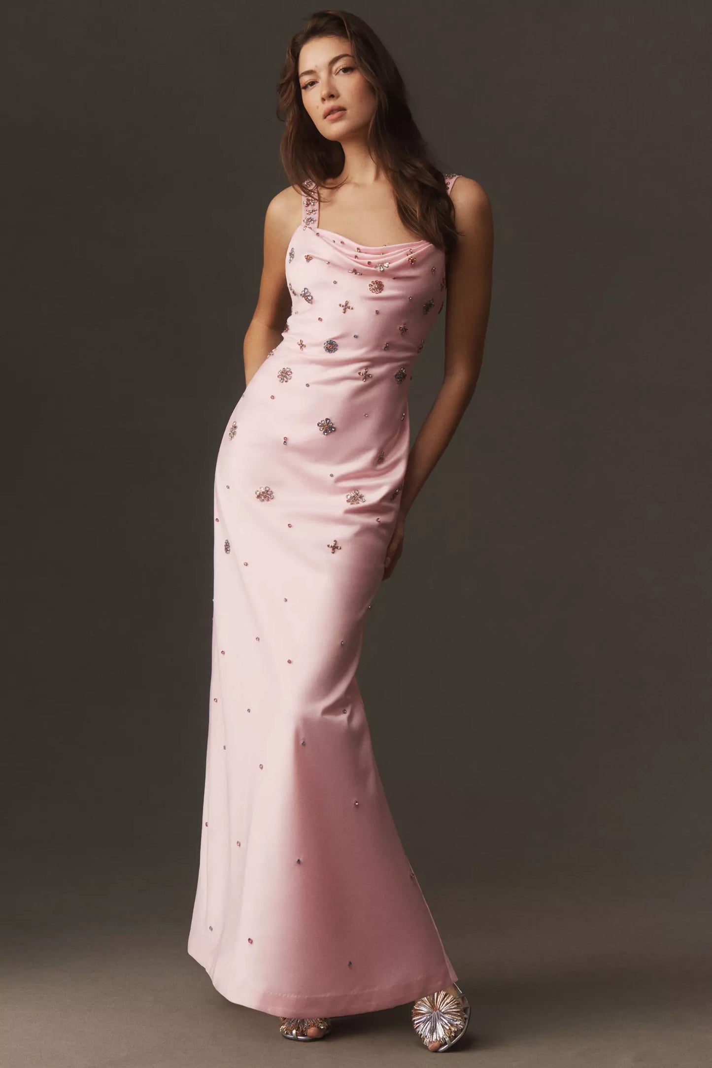 Pink Satin Cowl Neck Beaded Spaghetti Strap Open Back Mermaid Maxi Prom Dress