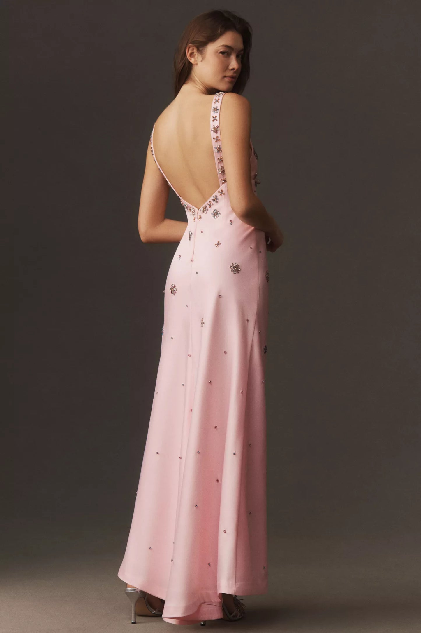 Pink Satin Cowl Neck Beaded Spaghetti Strap Open Back Mermaid Maxi Prom Dress