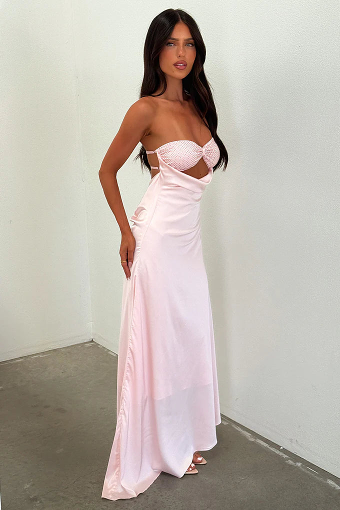 Pink Satin Ruched Cutout Backless Midi Dress for Party Wedding Prom Formal Events