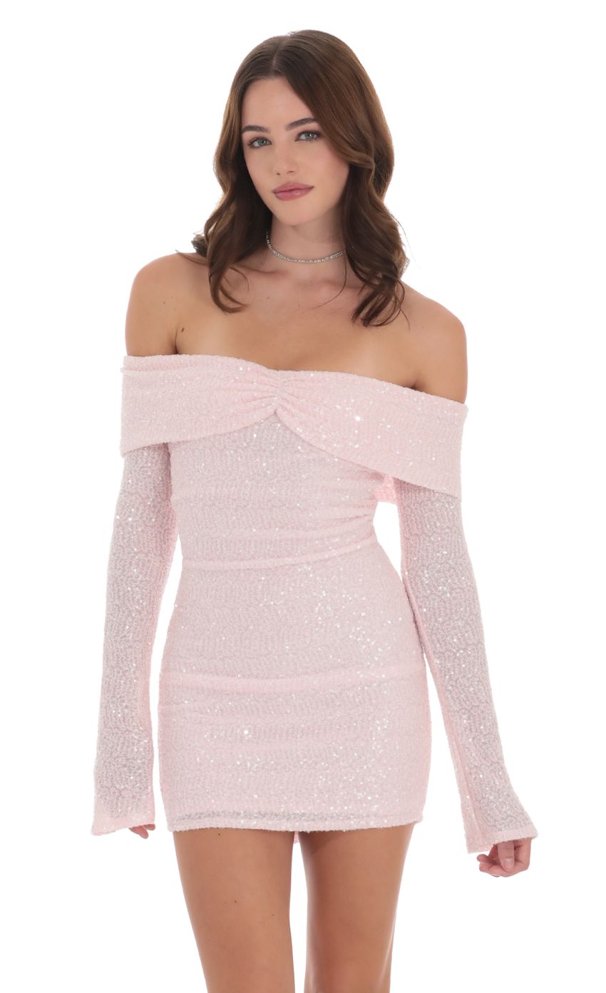 Pink Sequin Off The Shoulder Homecoming Dress with Long Sleeves and Ruched Front Detail for Formal Events and Evening Occasions