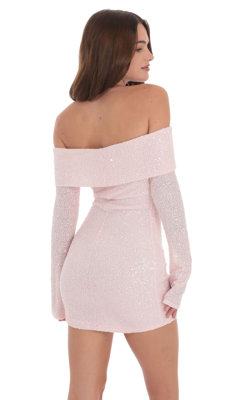 Pink Sequin Off The Shoulder Homecoming Dress with Long Sleeves and Ruched Front Detail for Formal Events and Evening Occasions