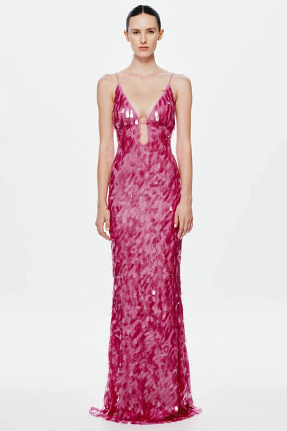 Pink Sequin Spaghetti Strap V Neck Keyhole Mermaid Floor Length Prom Dress