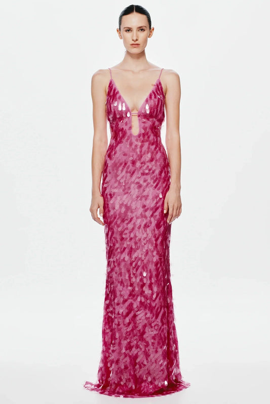 Pink Sequin Spaghetti Strap V Neck Keyhole Mermaid Floor Length Prom Dress