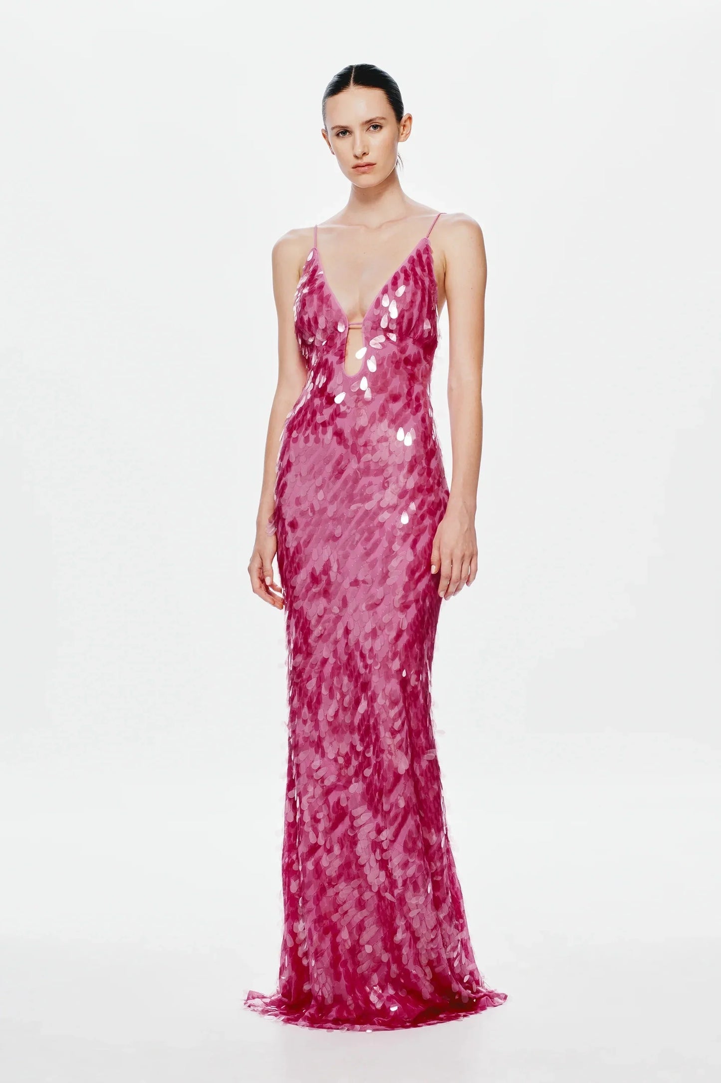 Pink Sequin Spaghetti Strap V Neck Keyhole Mermaid Floor Length Prom Dress