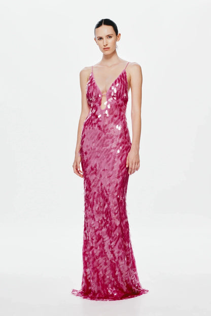 Pink Sequin Spaghetti Strap V Neck Keyhole Mermaid Floor Length Prom Dress