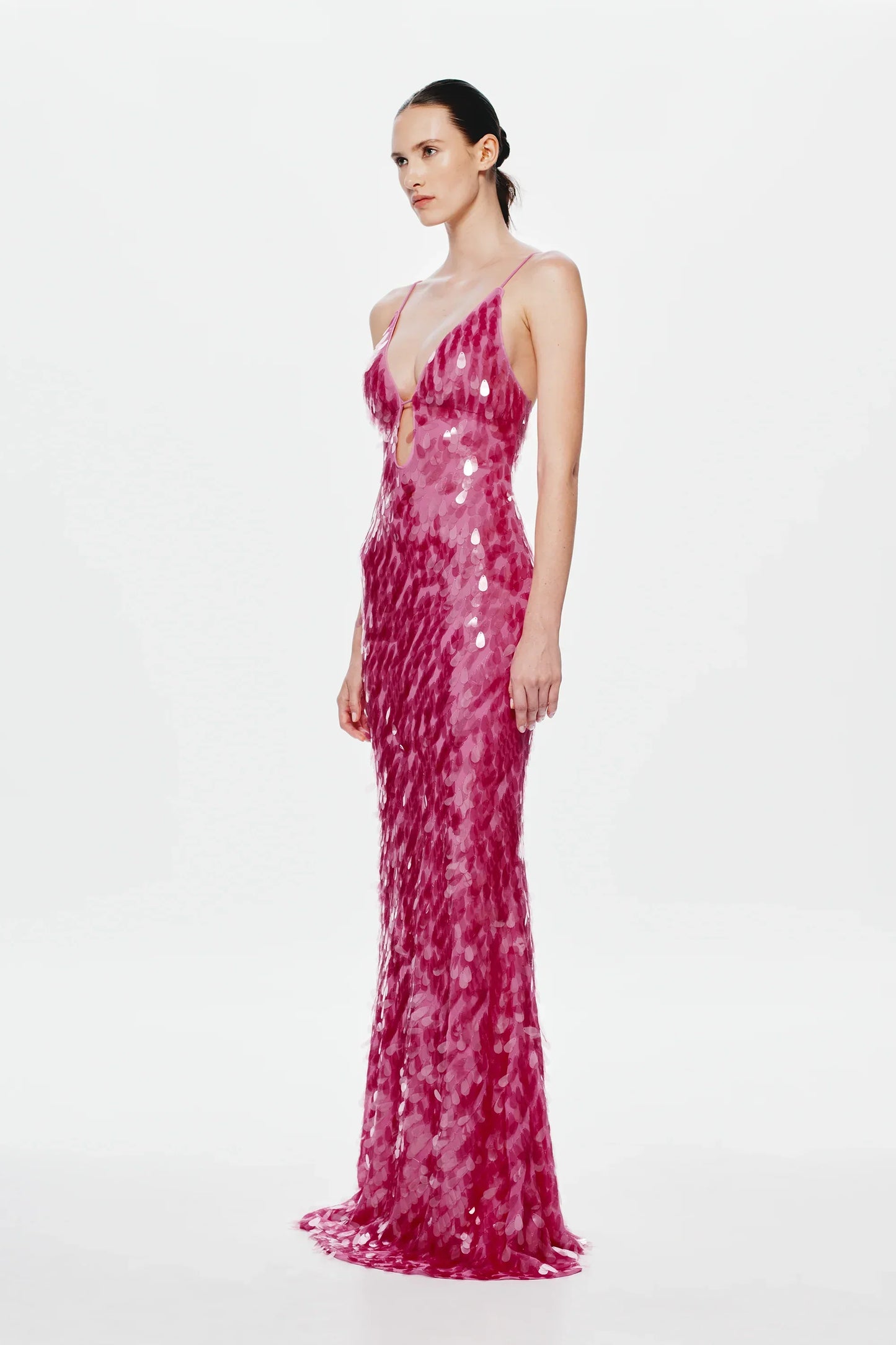 Pink Sequin Spaghetti Strap V Neck Keyhole Mermaid Floor Length Prom Dress