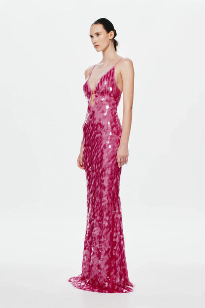 Pink Sequin Spaghetti Strap V Neck Keyhole Mermaid Floor Length Prom Dress