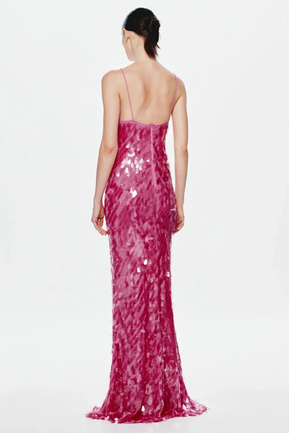Pink Sequin Spaghetti Strap V Neck Keyhole Mermaid Floor Length Prom Dress