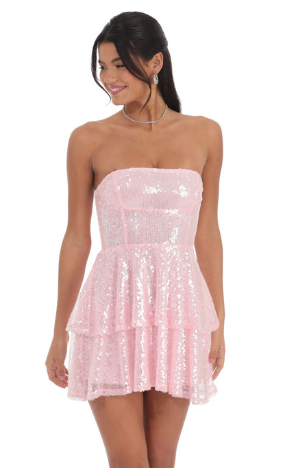 Pink Sequin Strapless Homecoming Dress with Bow Back Detail and Tiered Skirt for Formal Events and Evening Occasions