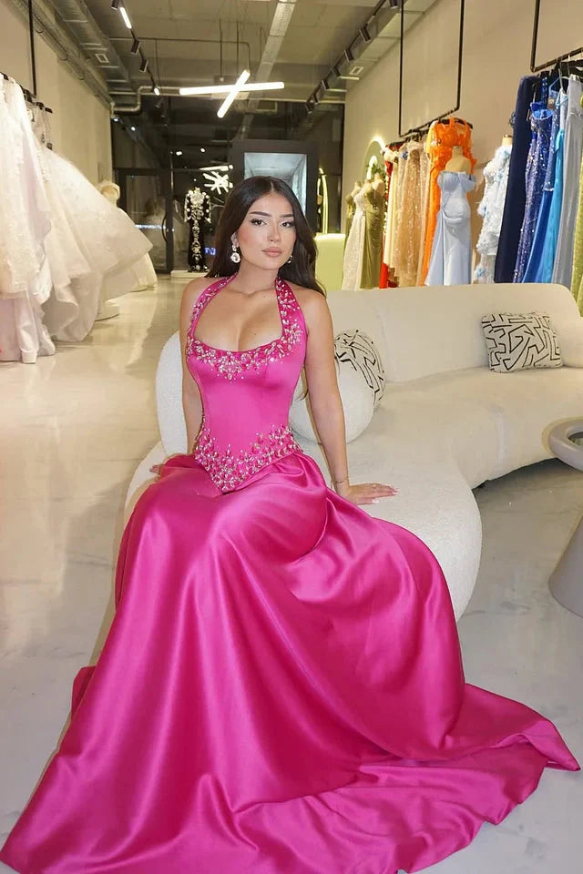 Pink Sequined V-Neck Long Prom Dresses for Party Wedding Formal Events