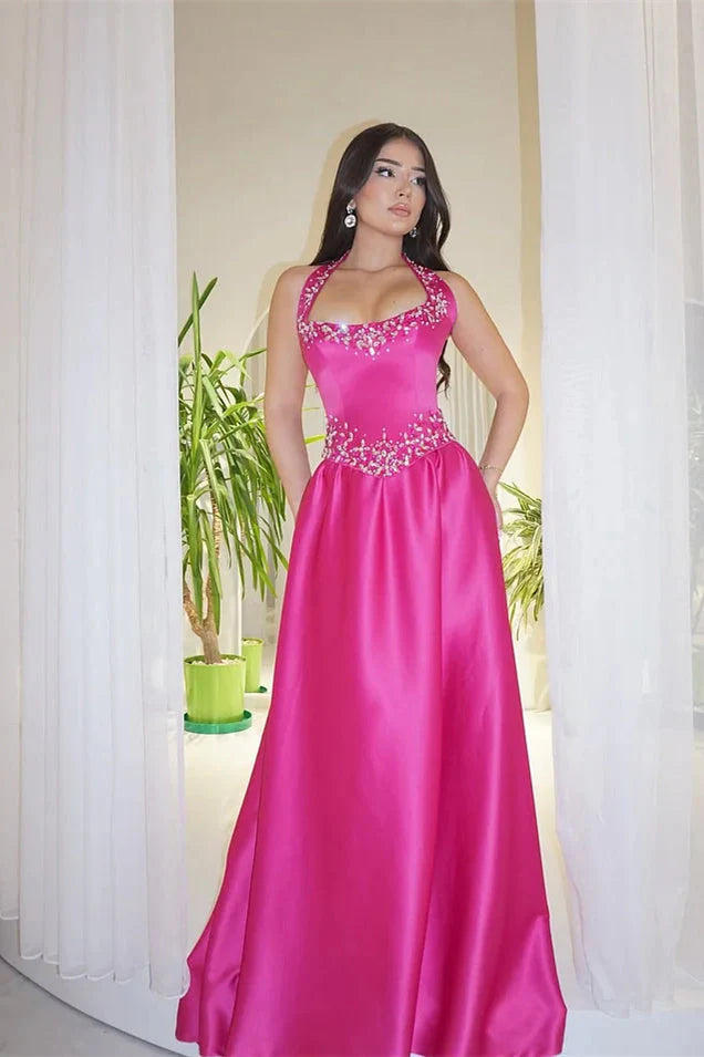 Pink Sequined V-Neck Long Prom Dresses for Party Wedding Formal Events