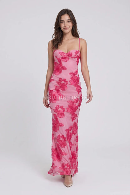 Pink Spaghetti Strap Floral Lace Sweetheart Mermaid Formal Evening Prom Dress