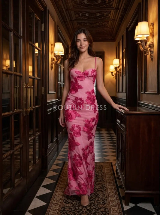 Pink Spaghetti Strap Floral Lace Sweetheart Mermaid Formal Evening Prom Dress