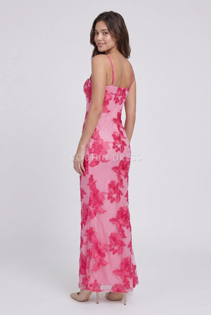 Pink Spaghetti Strap Floral Lace Sweetheart Mermaid Formal Evening Prom Dress